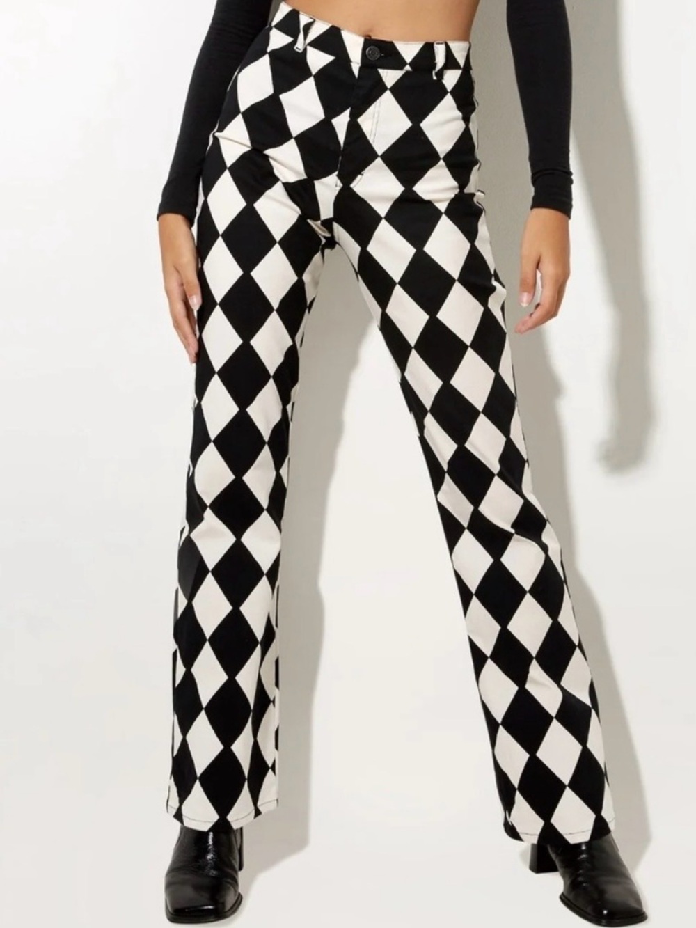 Motel Denim Zoven Flare Trouser In Harlequin Black And White Size Small